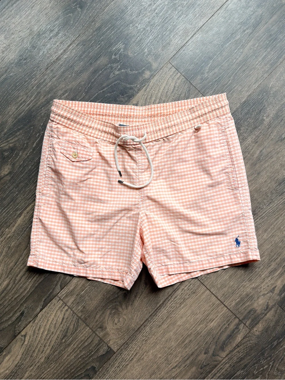 Polo Ralph Lauren Men’s Small Swim Trunks Peach Gingham Check Drawstring Shorts